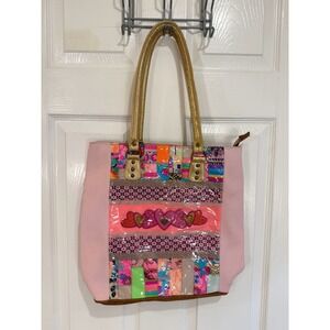 Patchwork Tote Bag Pink Novelty Heart‎ Applique Gold Handle Purse